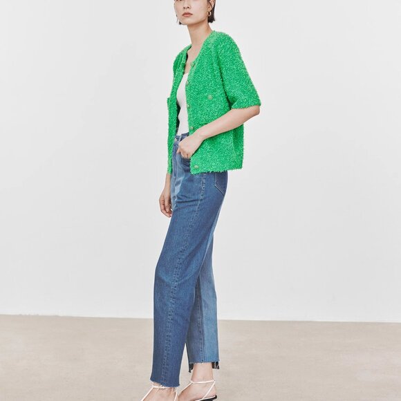 CHICJOC Luxe Italian Butterfly Yarn Green Cardigan size 38 - Picture 11 of 13